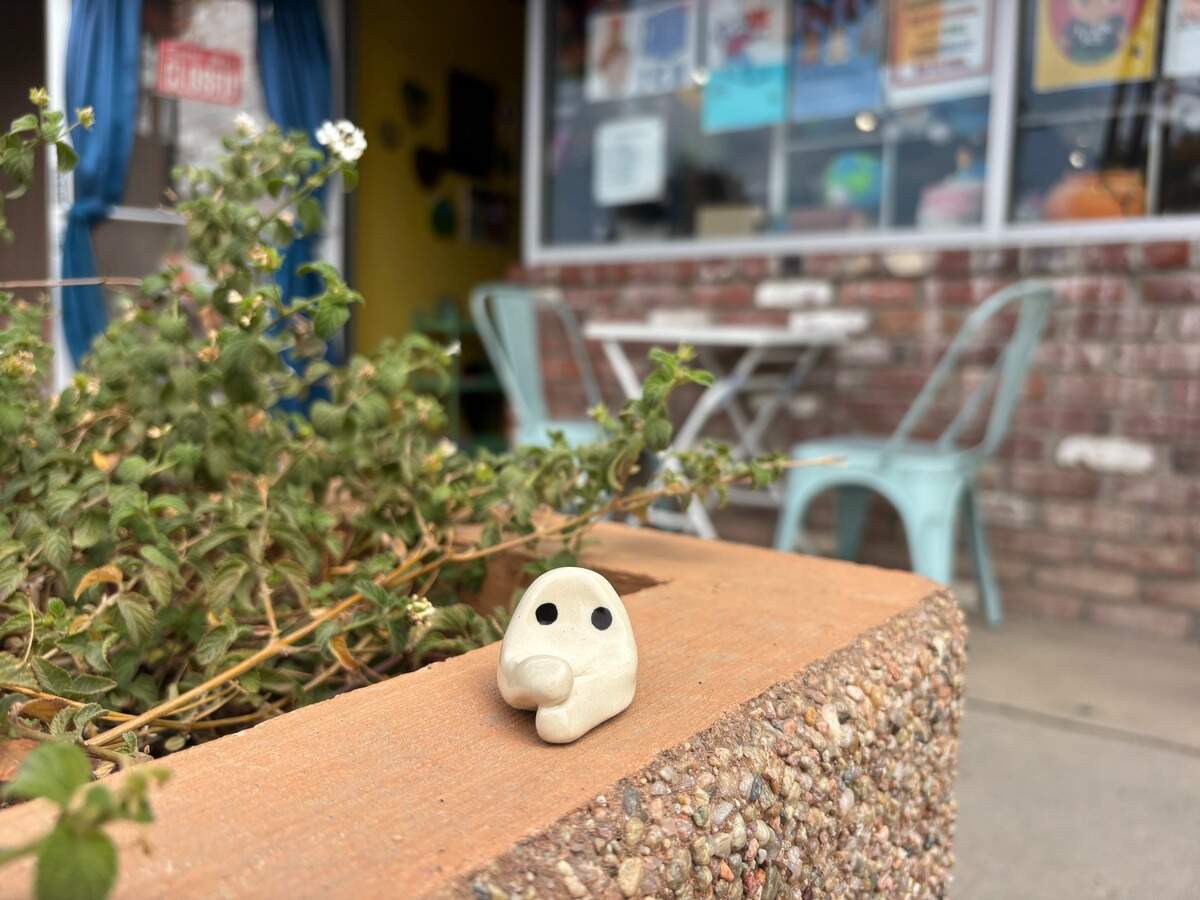 A Fresno Nightcrawler toy is placed in front of Sour Milk in Fresno.